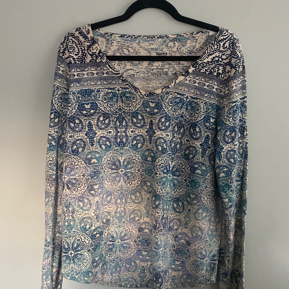 Sonoma Blue and Cream Patterned V-Neck Blouse